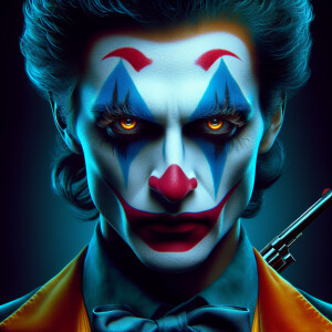 Clown with blue and black  makeup and red glowing eyes"gun effec...