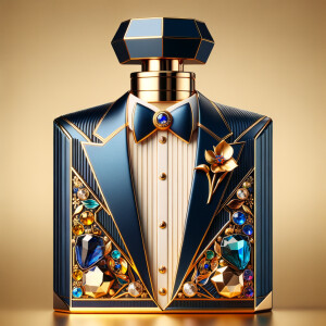 Create a blue and gold cologne bottle in the shape of a tuxedo w...