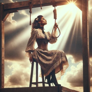 Create an image of a young woman tiptoeing on a stool under a ga...