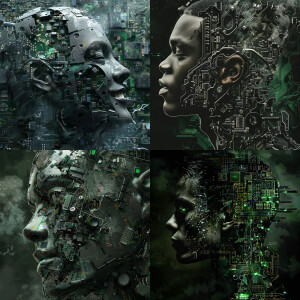 Robotic portrait of19 year old men. Perfil. Metalic shape and sc...