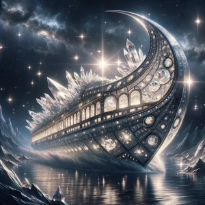 A shimmering, ethereal celestial lunar interstellar ark drifts t...