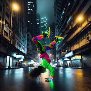 Create an image depicting a breakdancer performing a move in vib...