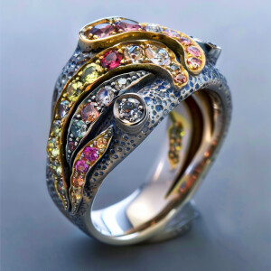 Design a unique ring that combines sterling silver and gold, fea...