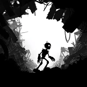 Small all-black silhouette of robot moves
through the wreckage,...
