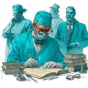 Surgeon with scalpel and scientists with books
