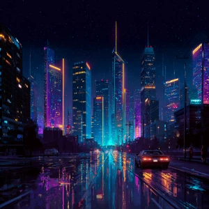 Visualize a futuristic neon-lit cityscape at night, featuring to...