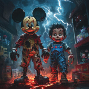 horror-art horror-themed mickey ,and pluto standing side by side...