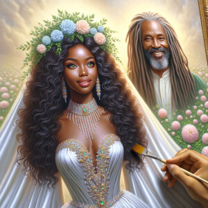 Create a 3-D realistic oil, painting of a beautiful African-American bride. She has long flooring, wavy hair and her gown has beautiful jewels around the neckline. in the background there is a beautiful African-American Jesus Christ with long dreadlocks, and he is smiling. He is very handsome pastel flowers throughout the image.