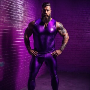 The image depicts a muscular man bearded hairy chest beefy stand...