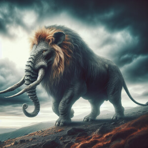 Create an image of an Elephlion, a fierce hybrid with the body o...