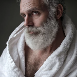 Silver man beard hairy chest white bathrobe