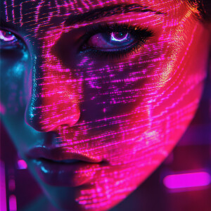 A woman’s face, illuminated by neon lights, with a fractal-patte...