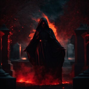 A female Grim Reaper with flowing black robes and glowing red ey...