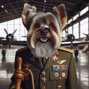 Antropomorphic old yorkie clad in Army outfit and general stars,...