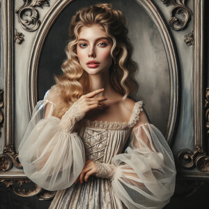 A beautiful blonde woman in the 17th century in a nightgown