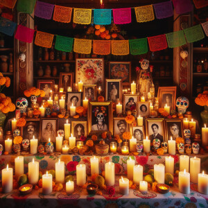 Dias de los muertos alter with framed pictures and candles