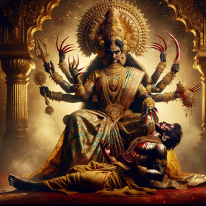 portrait of angry looking, four-armed indian goddess sitting on...