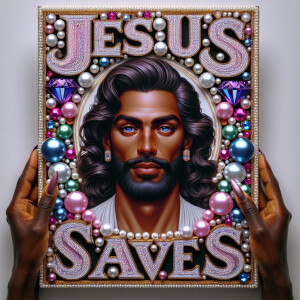 A 3D realistic artwork featuring the phrase 'Jesus Saves' adorne...