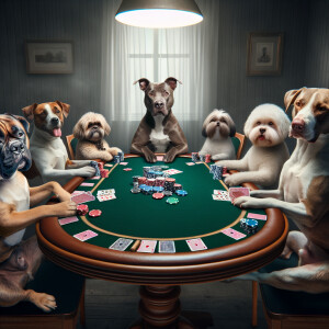 Photorealistic image. Classic image of dogs playing poker around...