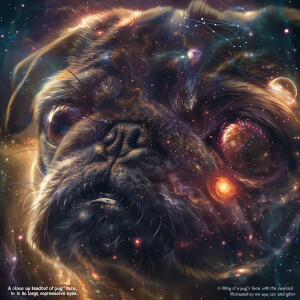 "A close-up headshot of a pug's face, filling most of the frame,...