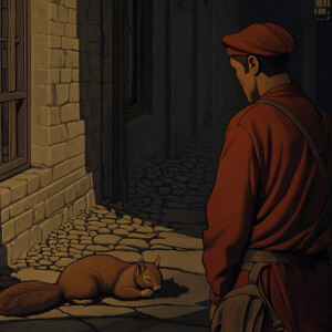 Cartoon, a person looks at a squirrel sleeping on the street --s...