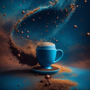 Show me a blue cup of coffee with abstract elements and the imag...