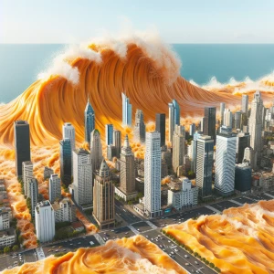 Create an image of a massive orange pudding tidal wave engulfing a cityscape, with skyscrapers and city streets being submerged beneath its viscous flow.