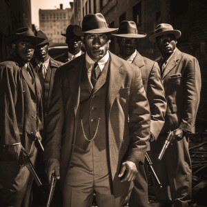 **Visual Prompt for a Group of 1940's G-Men Led by Delroy Lindo:...