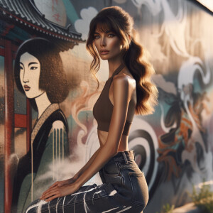 Athletic Thin skinny Attractive, Asian teenage girl, long brown hair and bangs, wearing tight skinny jeans and a halter top paint marks on her clothing, heroic pose Asian graffiti background, side view