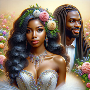 Create a 3-D realistic oil, painting of a beautiful African-American bride. She has long flooring, wavy hair and her gown has beautiful jewels around the neckline. in the background there is a beautiful African-American Jesus Christ with long dreadlocks, and he is smiling. He is very handsome pastel flowers throughout the image.