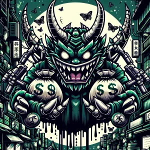 Design a anime themed smiley face mascot logo with a menacing cr...