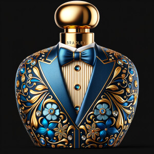 Create a blue and gold cologne bottle in the shape of a tuxedo w...