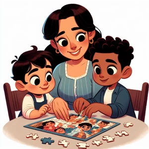 An animated scene depicting a loving mother with her two young s...