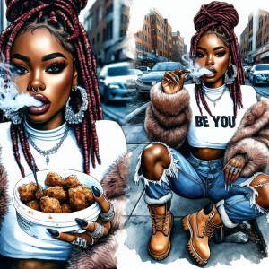 ink wash: City Sidewalk landscape, a Beautiful African American...