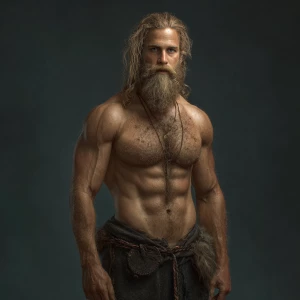 Create an image of a muscular man with a Viking aesthetic. He ha...