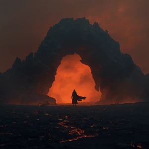 Photorealistic cinematic scene of a lone figure standing beneath...