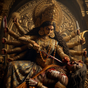 Close up portrait of angry looking goddess durga sitting on a gold crown and carrying a weak mahishasur on her lap and she is stabbing his belly  with her amazingly long fingernails. She is wearing gold armor, a huge gold crown, gold saree, abundant  gold jewelry, covered in blood. The scene is set in ancient India. The image is 8K resolution, photography, cinematic, ultra detailed face and epic