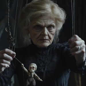 An elderly, haggard blonde woman with pronounced wrinkles and a...