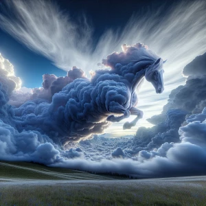 A ghostly horse materializes from the billowing clouds overhead,...