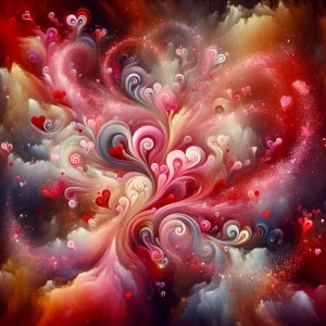 "Imagine an explosion of vibrant, swirling colors merging in an abstract dance of red, pink, and gold. Heart shapes subtly emerge and dissolve within the strokes, while intricate patterns symbolize love and connection. Flecks of light sparkle throughout, embodying the warmth and passion of Valentine's Day."