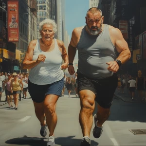 Hyperrealistic painting, a muscular, perspiring man jogging alon...