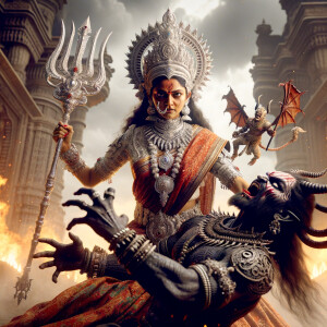 portrait of angry looking goddess durga  carrying a short mahishasur in her two arms and stabbing him with her amazingly designed trident. She is wearing a huge silver crown, red saree, abundant silver jewelry, covered in blood. The scene is set in ancient India. The image is 8K resolution, cinematic, ultra detailed face and epic.