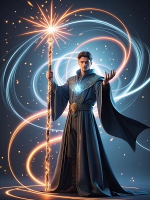 Create an image of an attractive male wizard dressed in an elabo...