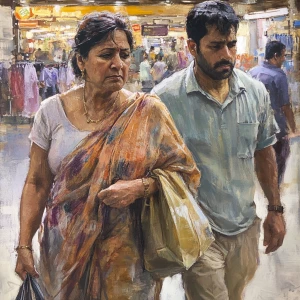 (Realism)art,a(54 year old kashmiri ,sweaty,nosering,brown oily...