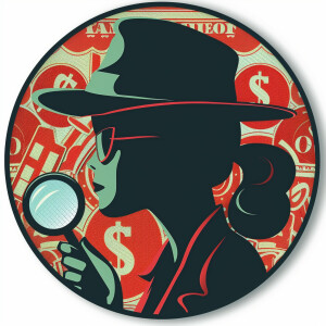 white background gray female silhouette with detective hat holdi...