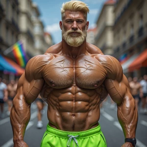 Bodybuilder men with blonde hair and beards wearing neon green s...
