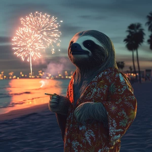 Sloths slerf meme..Standing on the beach in beach clothes smokin...