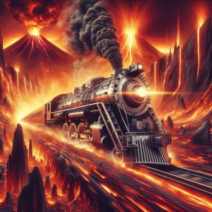 Design an image of "The Crazy Train," a wildly pulsating locomotive racing through a hellish landscape at extreme speed. The scene is engulfed in piercing flames that glint off the train's twisted metal, with a backdrop of erupting volcanoes and sharp, craggy rocks. Incorporate pronounced speed lines and motion blur to accentuate the unhinged velocity of the train and the turbulent, fiery world it speeds through.