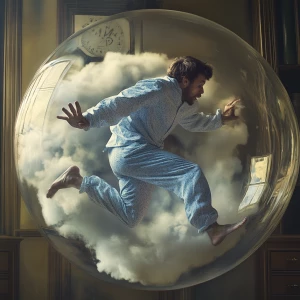 Create a humorous image of an individual frantically racing agai...