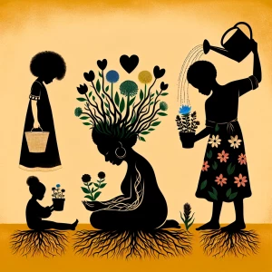 Create an image depicting the silhouette of a curvy woman seated...